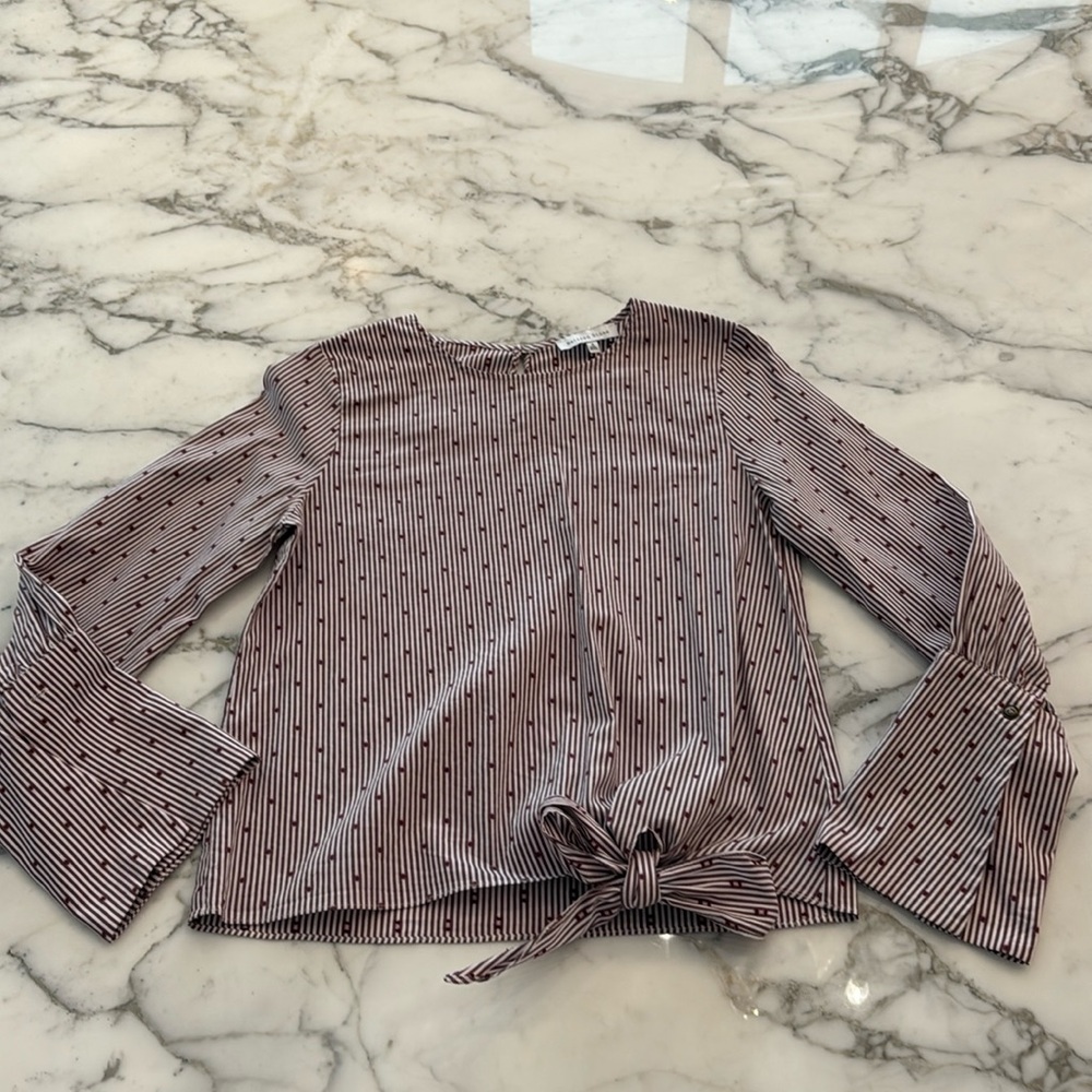 Anthropologie Matison Stone blouse pinstripe bell with tie waist small